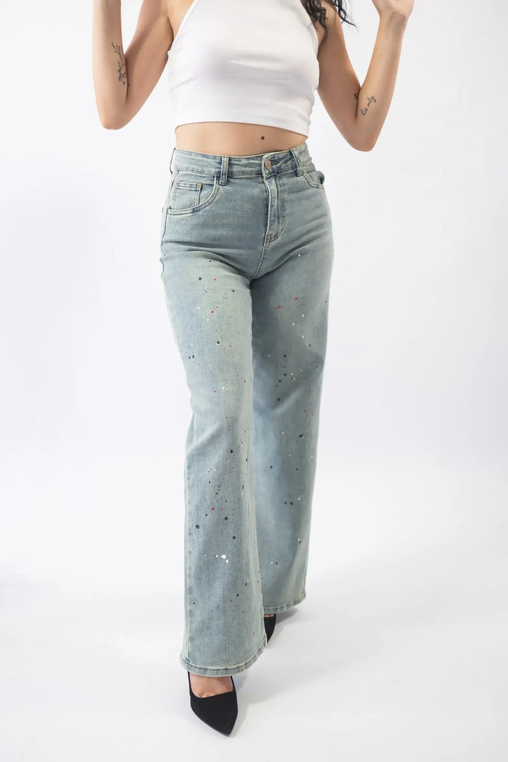 pantaloni din denim wide leg painty