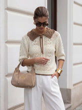 Pulover Tricotat Cream cu Guler Contrast