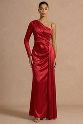 Rochie lunga cu o maneca rosie