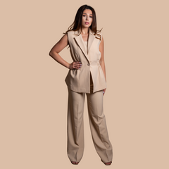 Costum dama pantalon vesta si top bej