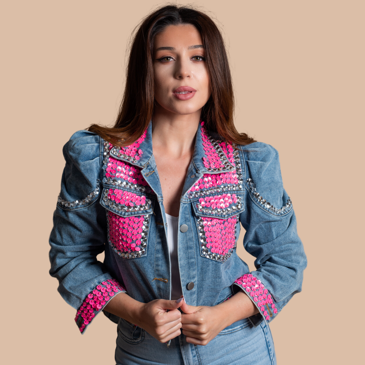 Geaca dama denim cu paiete roz