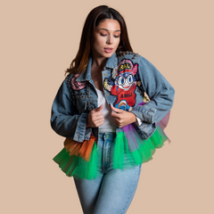 Geaca dama denim colorata cu voal