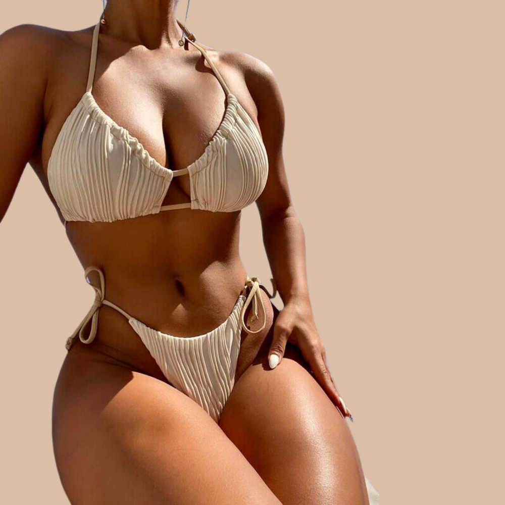 Costum de baie texturat din 2 piese bej