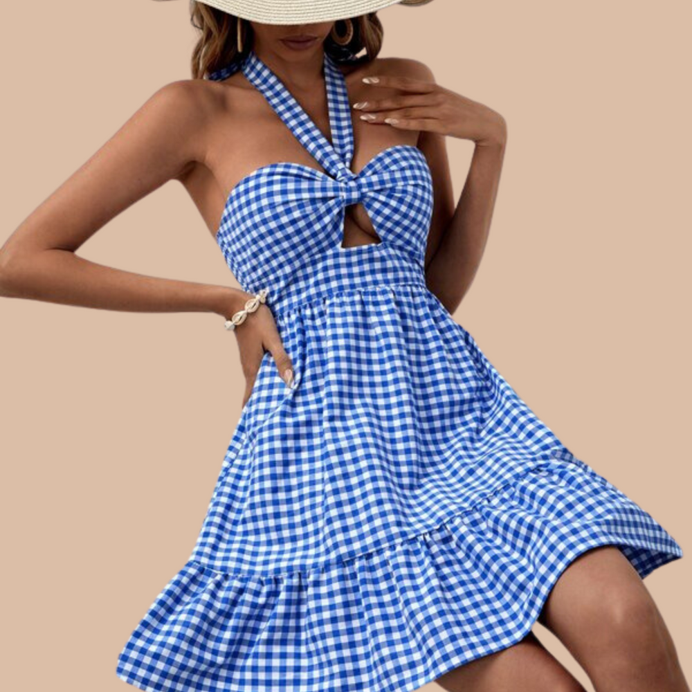 Rochie fara spate cu decolteu in carouri albastra