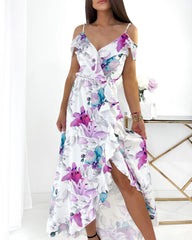 Rochie lunga florala mov cu albastru