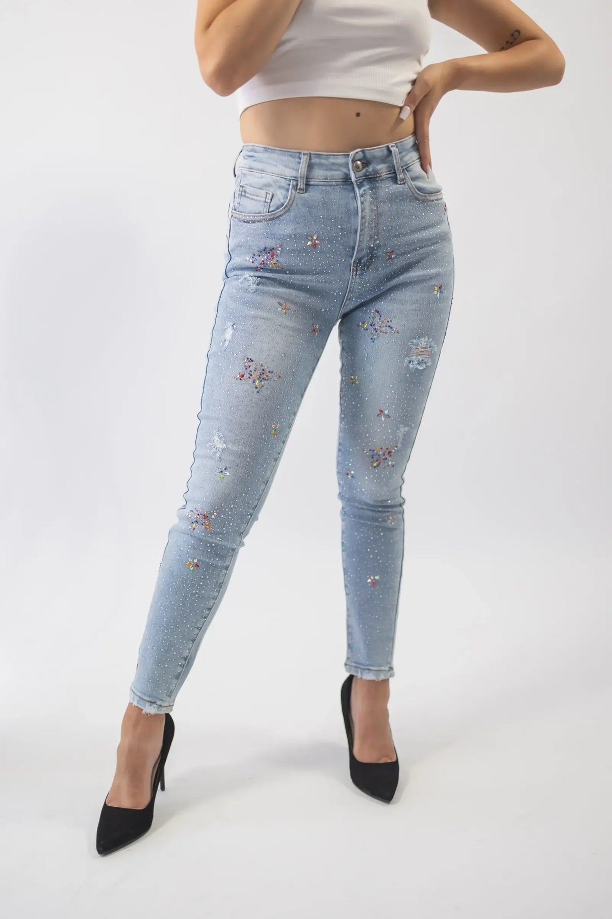 pantaloni din denim butterfly gems