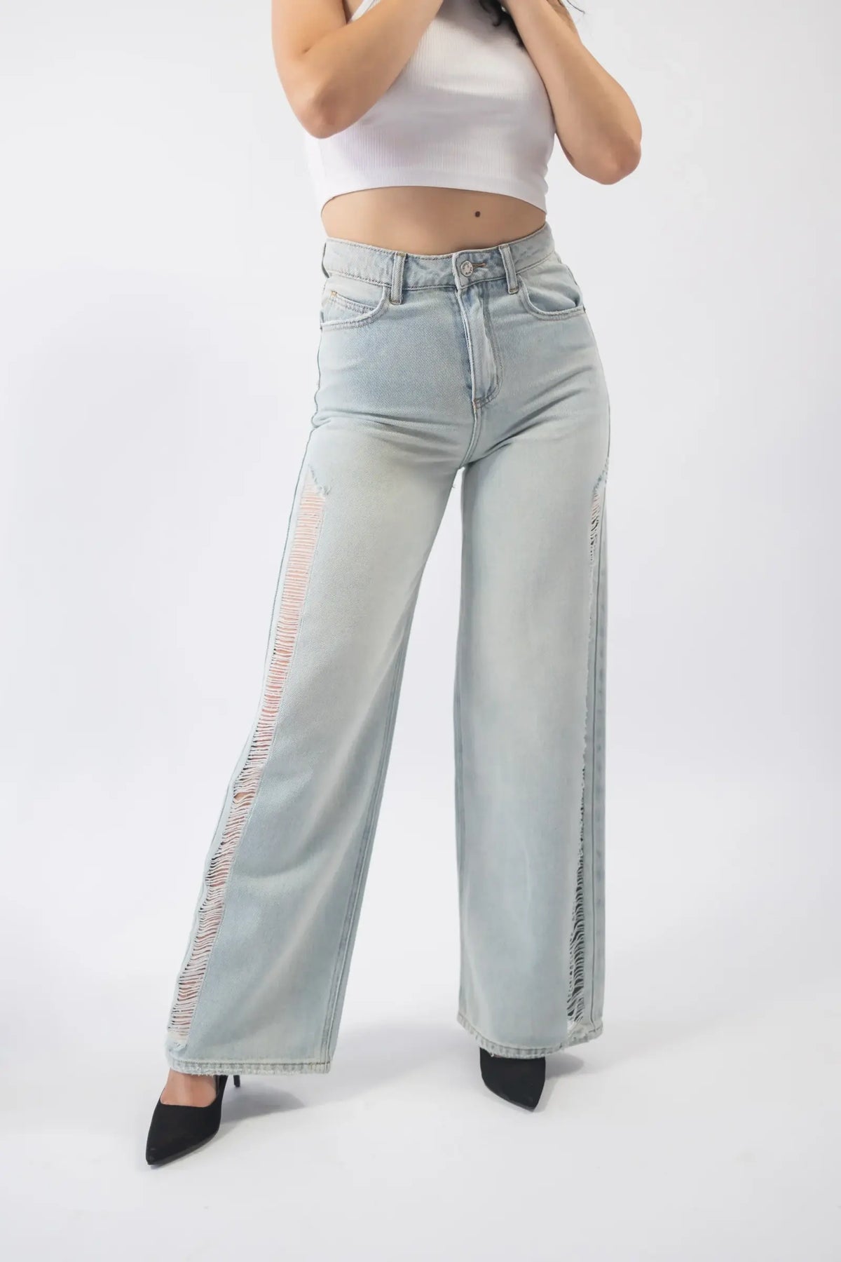 pantaloni din denim wide leg cutout