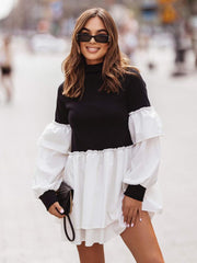 rochie-dama-cu-maneci-lungi-si-volane-alb-negru