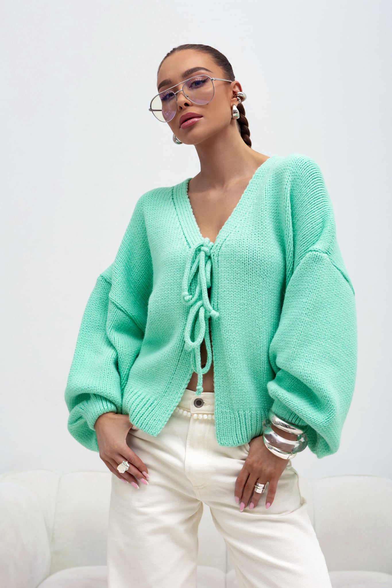 Cardigan tricotat verde mentă