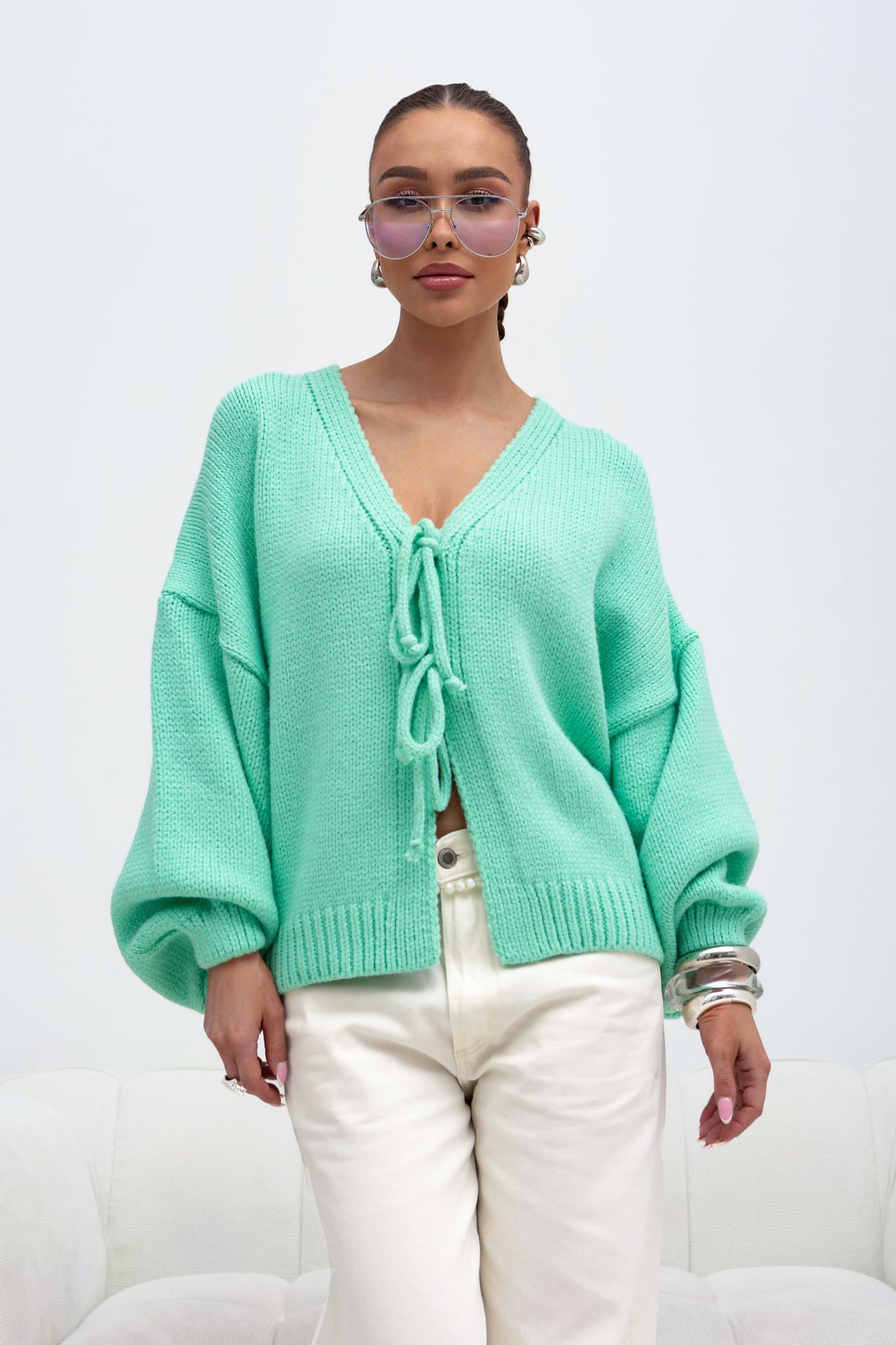 Cardigan tricotat verde mentă