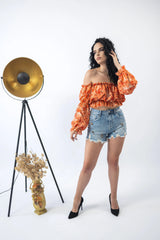 Pantaloni Scurti Floral Denim