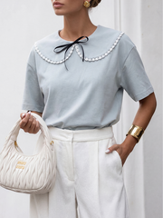 Tricou cu guler decorativ și fundă contrast