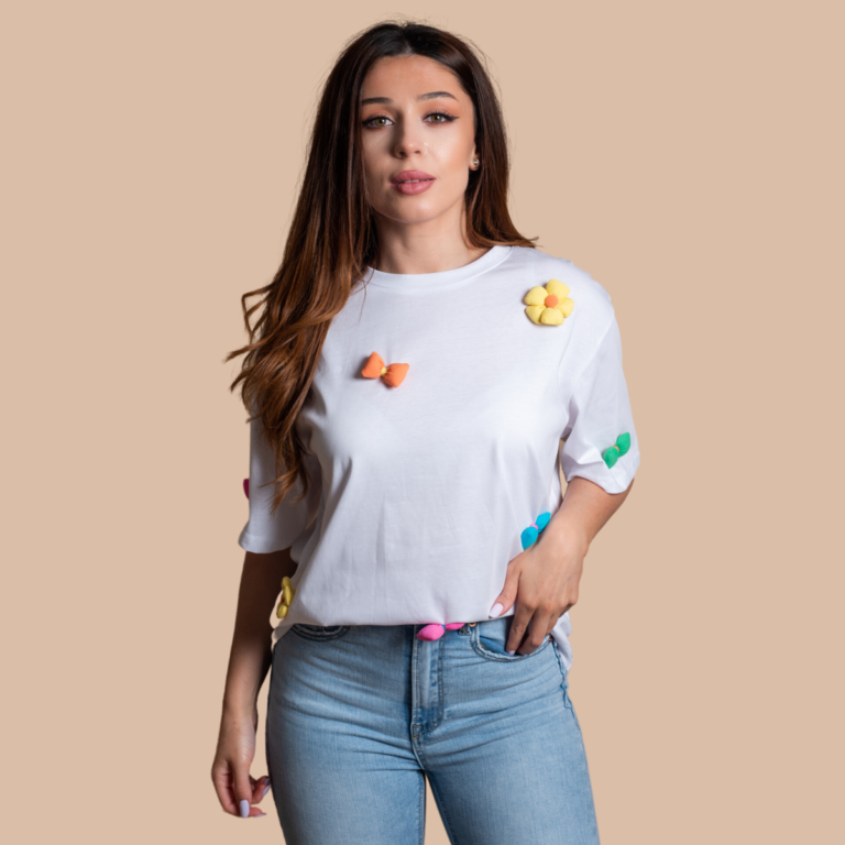 Tricou dama 3D alb cu flori